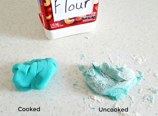 Add flour to homemade play dough to prevent sticking to table top.