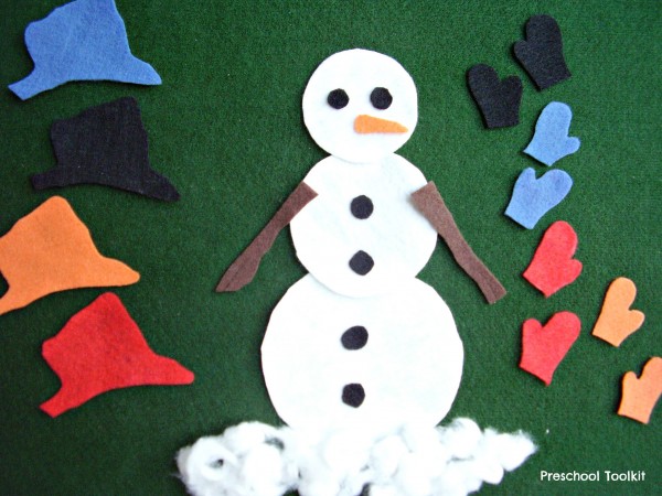 Snowman with matching mittens and hat felt board activity