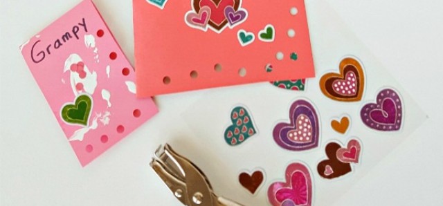 Cards kids can make with hole punch and stickers to send Valentine greetings to family