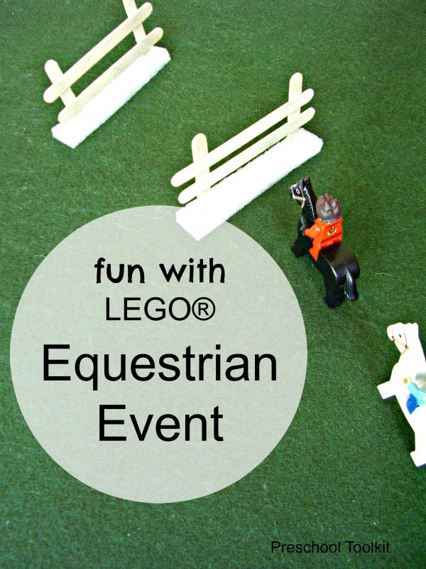 Small world equestrian event with building blocks and miniature horses