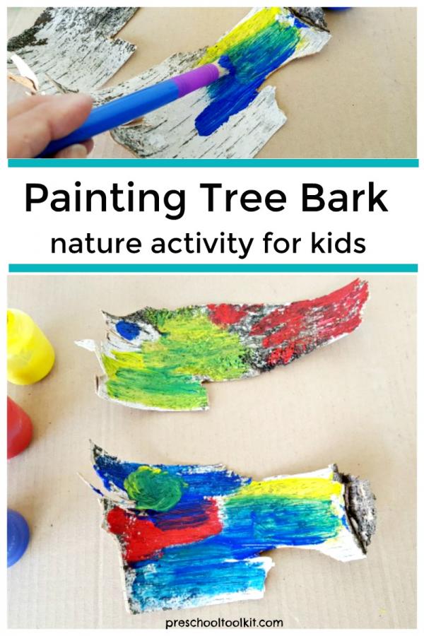 Preschool nature activity painting tree bark