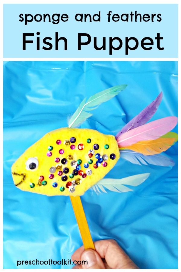 Sponge and feathers fish puppet craft for kids