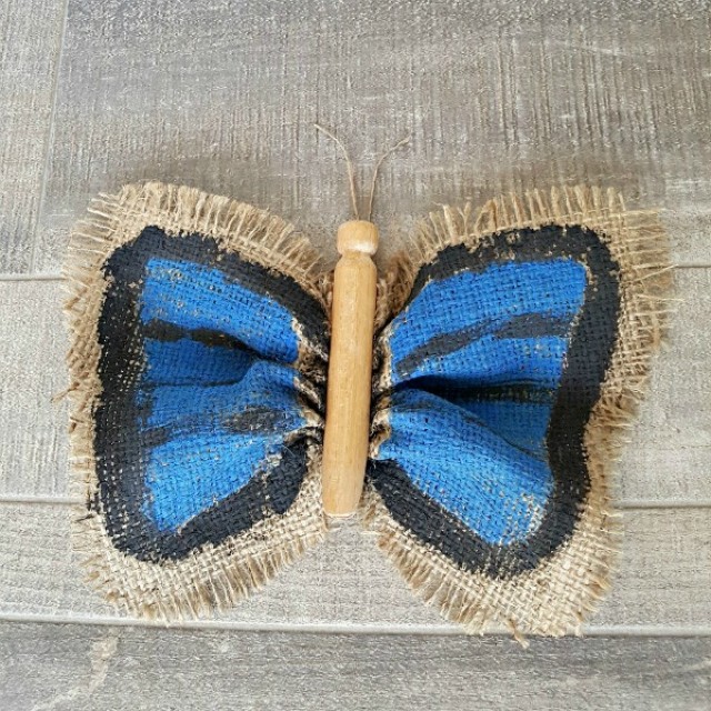 Butterfly kids crafts with painted burlap wings and clothes peg body