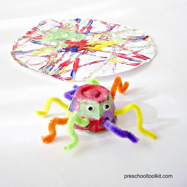 Colorful spider preschool craft using egg cartons