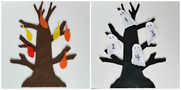 Reversible felt tree with autumn leaves and Halloween ghosts