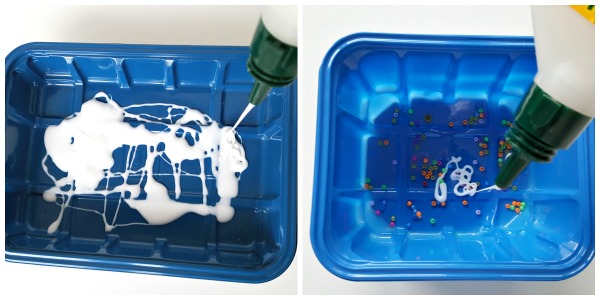 Glue and beads in recycle plastic containers