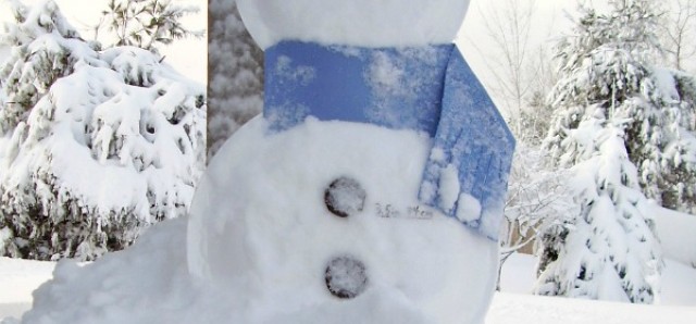 Snowman gauge made with foam plates to measure snowfall in a science for kids activity