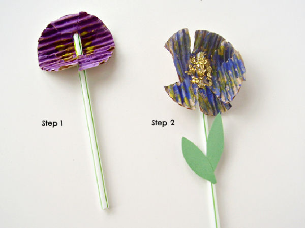 Summer preschool craft flowers with glitter and straw