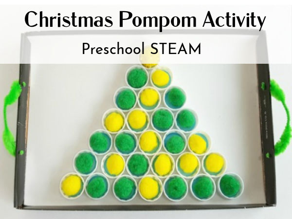 preschool Christmas math using bottle tops