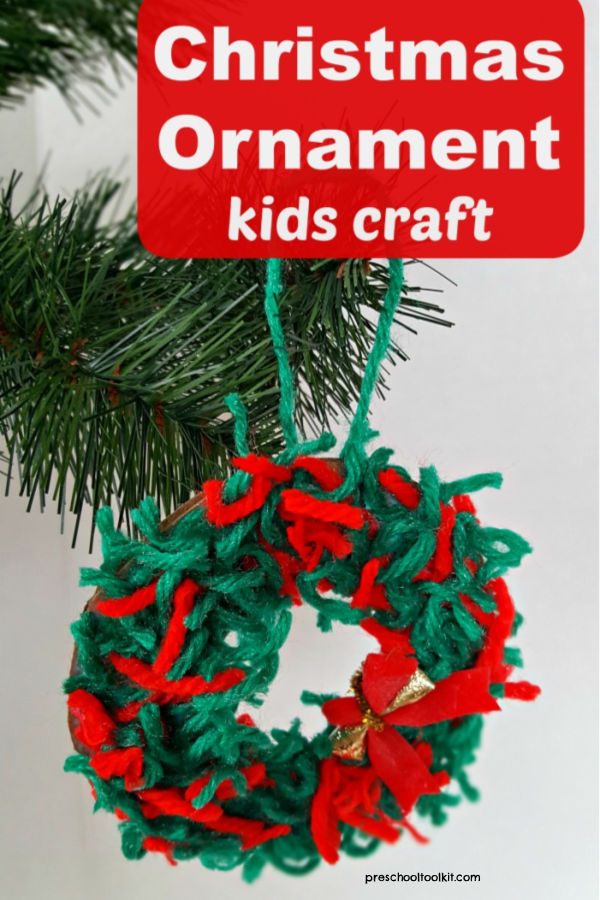 kid-made Christmas ornament using yarn scraps
