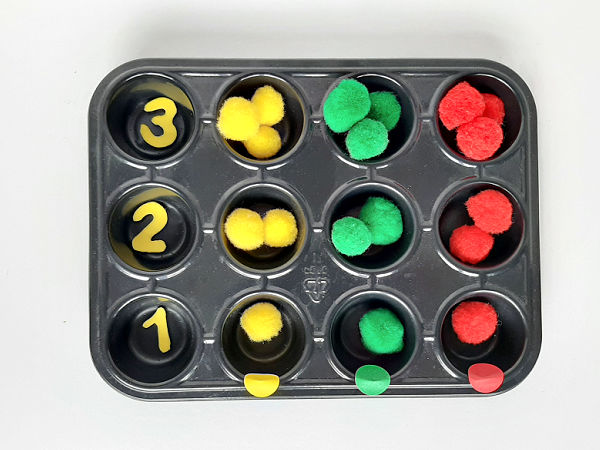 Recycled cupcake pan math activity for toddlers