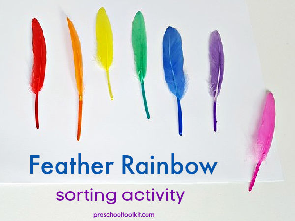 Color sorting activity with feathers