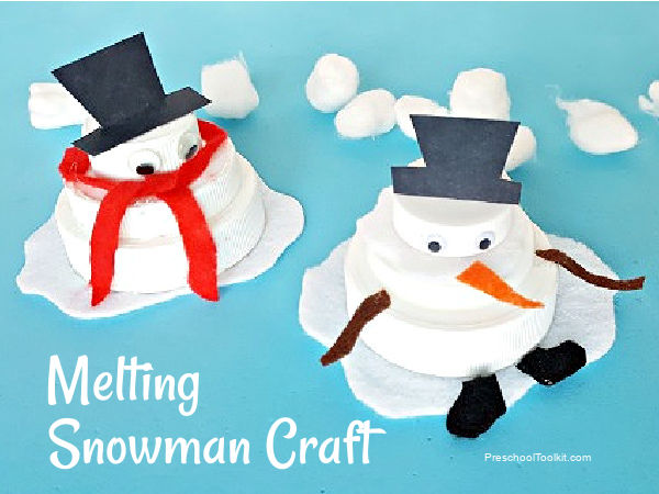 snowman kids craft with recycled lids