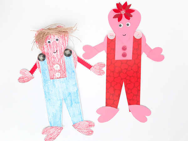 Decorate Valentine people cutouts with craft materials.