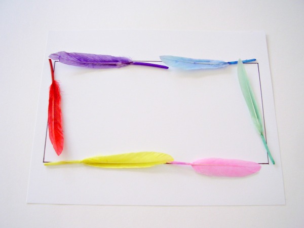 Rectangle outlined with feathers in a preschool activity