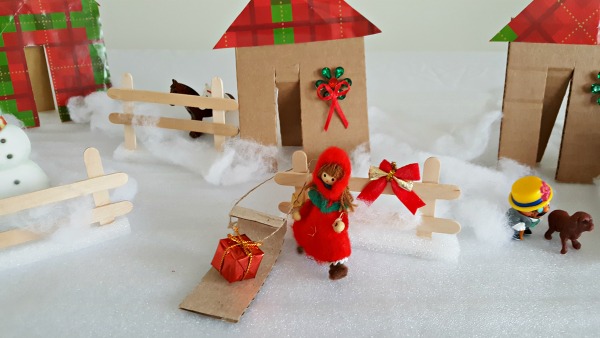 Cardboard houses in the winter village scene