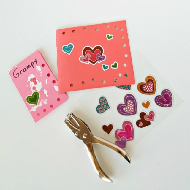 Cards kids can make with hole punch and stickers to send Valentine greetings to family