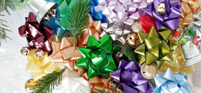 Christmas preschool sensory play with recycled bows and jingle bells