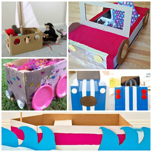 DIY cardboard box boats and cars for kids pretend play