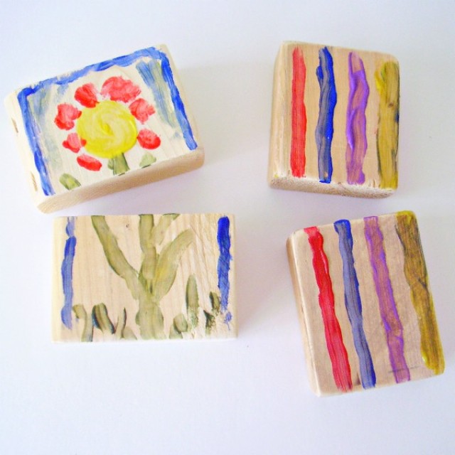 Painting wood blocks to use as a puzzle with preschoolers