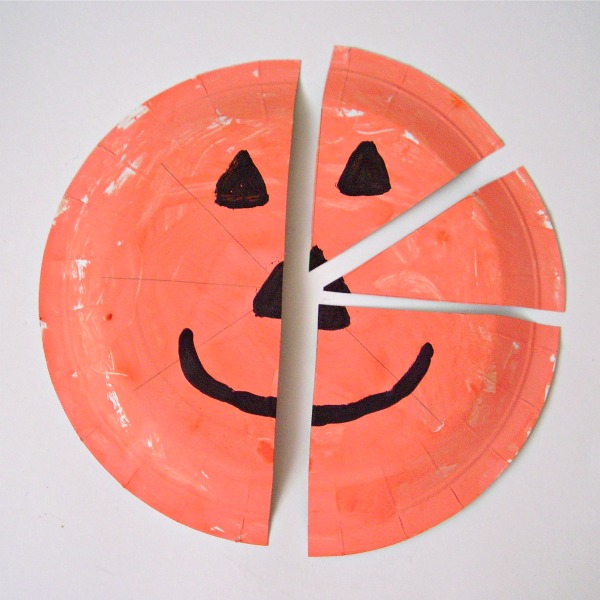 Paper plate shapes puzzle Halloween pumpkin activity for preschoolers