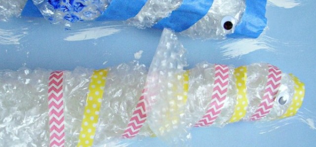 Preschool fish craft with bubble wrap and craft tape