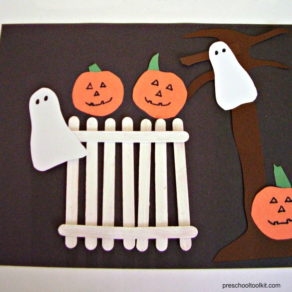 Halloween night preschool art activity with paper cutouts