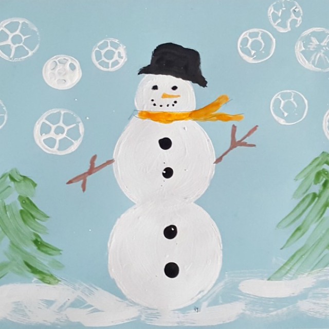 Snowman and snowflakes kids painting activity