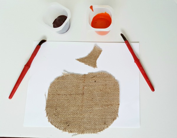 Supplies for a burlap pumpkin craft for kids