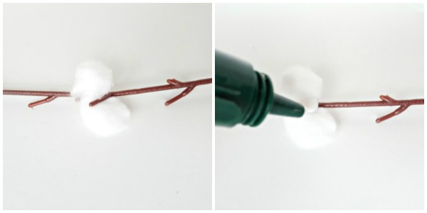 Add glue to cotton ball on stem node in catkins craft