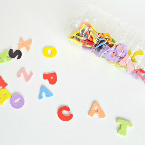 alphabet discovery bottle for early learners using foam letters