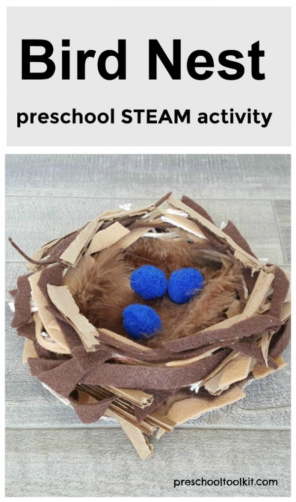 Bird nest preschool science and art activity with mixed materials