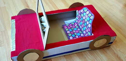 DIY cardboard box car for toddler pretend play