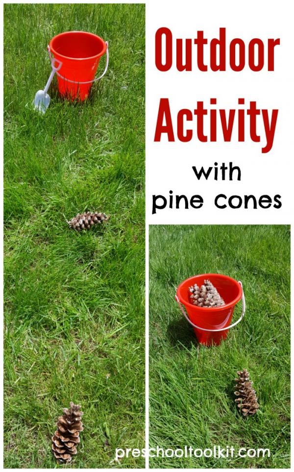 Toddler and preschool outdoor trail activity with pine cones