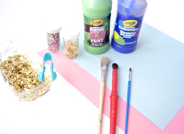 Supplies for paint and glitter process art activity