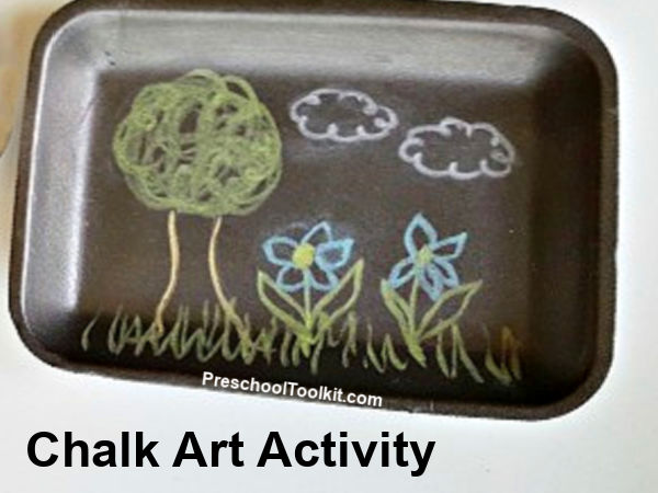 kids chalk drawings on recycled trays