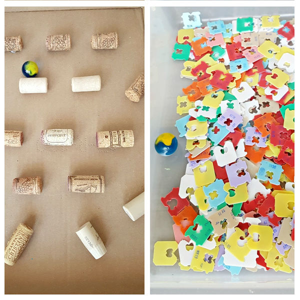marbles in the sensory bin with everyday fillers