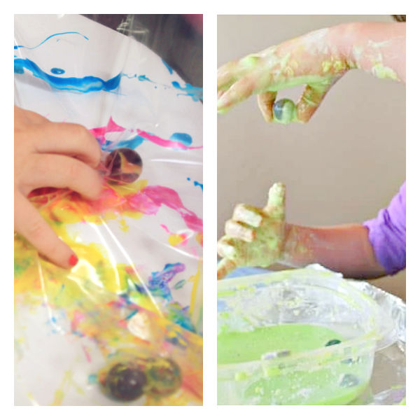 marbles in oobleck and a freezer bag activities for kids