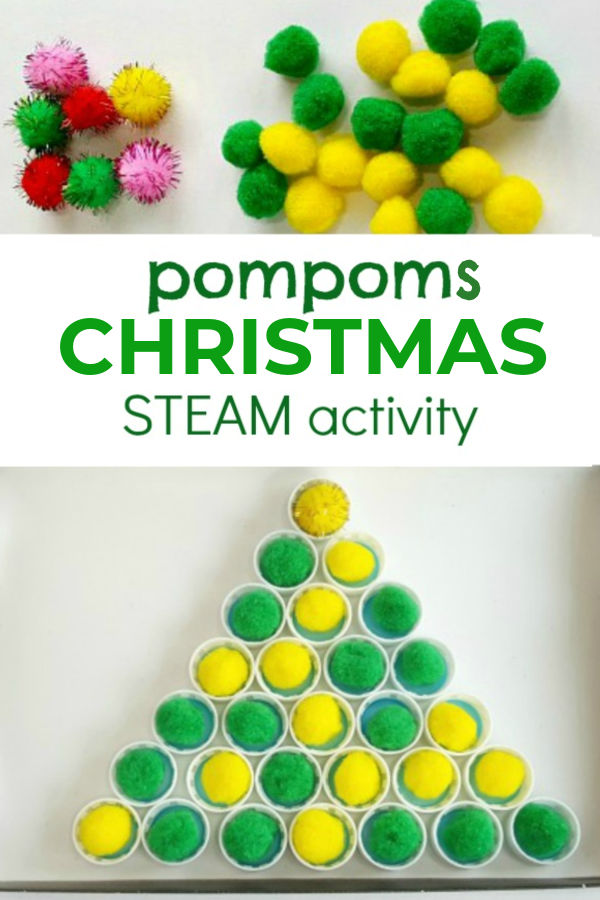 Christmas theme bottle caps and pompoms math