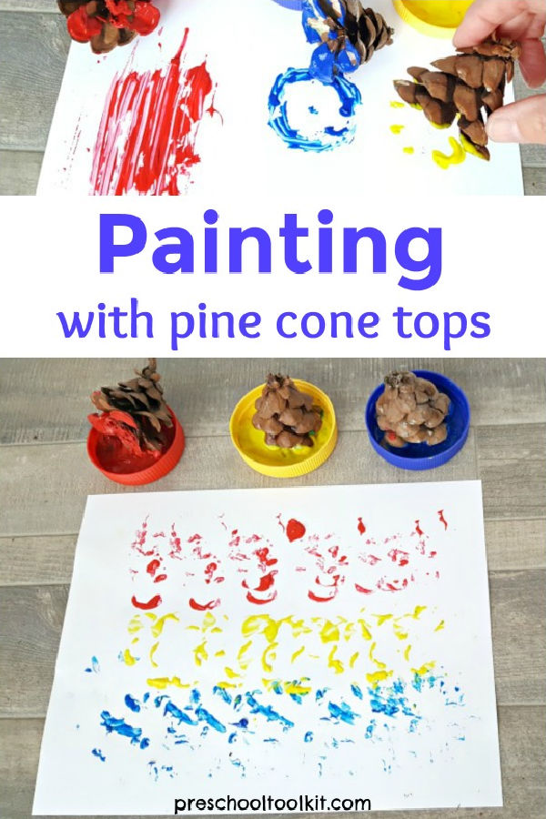 preschool paint stamps made with pine cone tops