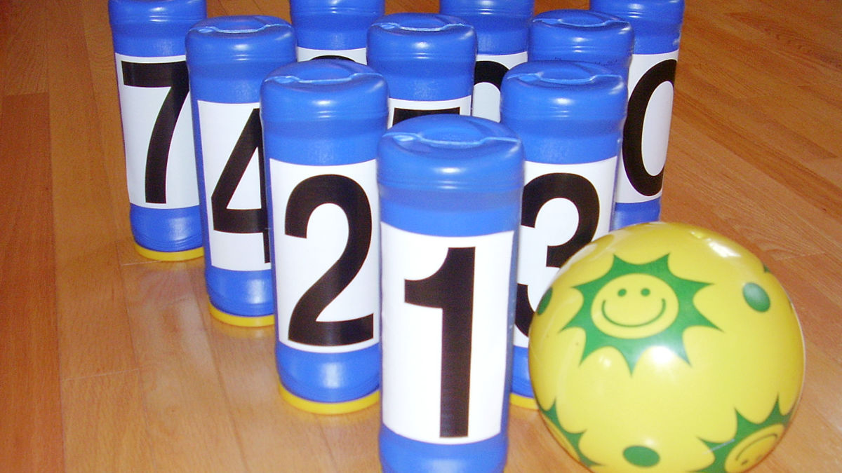 homemade bowling game with recyclables for kids indoor play