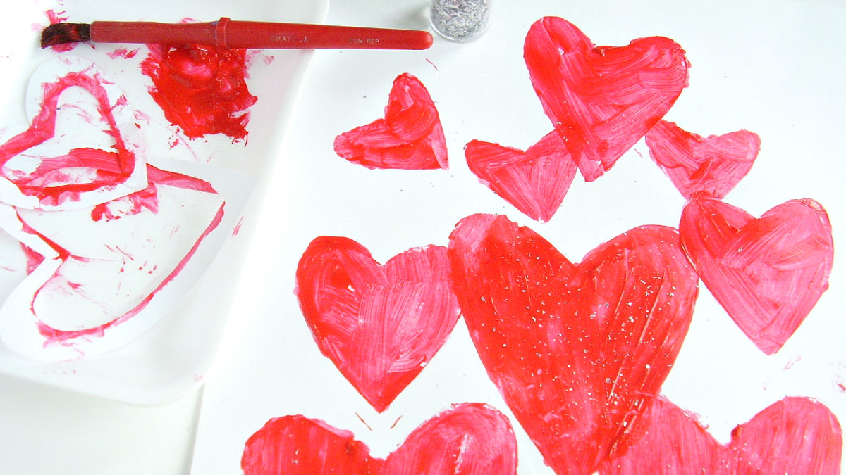 Kids painting activity with stencils for ValentinesDay