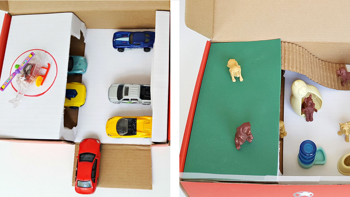 create small world scenes with cardboard boxes for kids pretend play