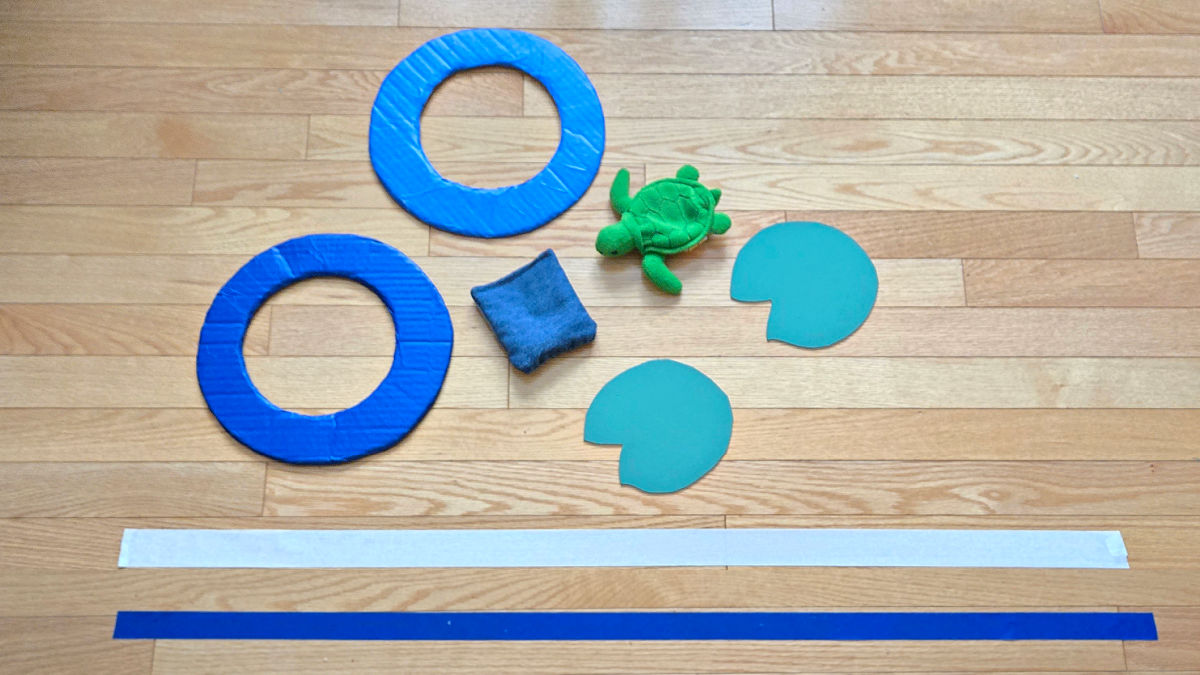 Bean bags and homemade targets with cardboard and masking tape
