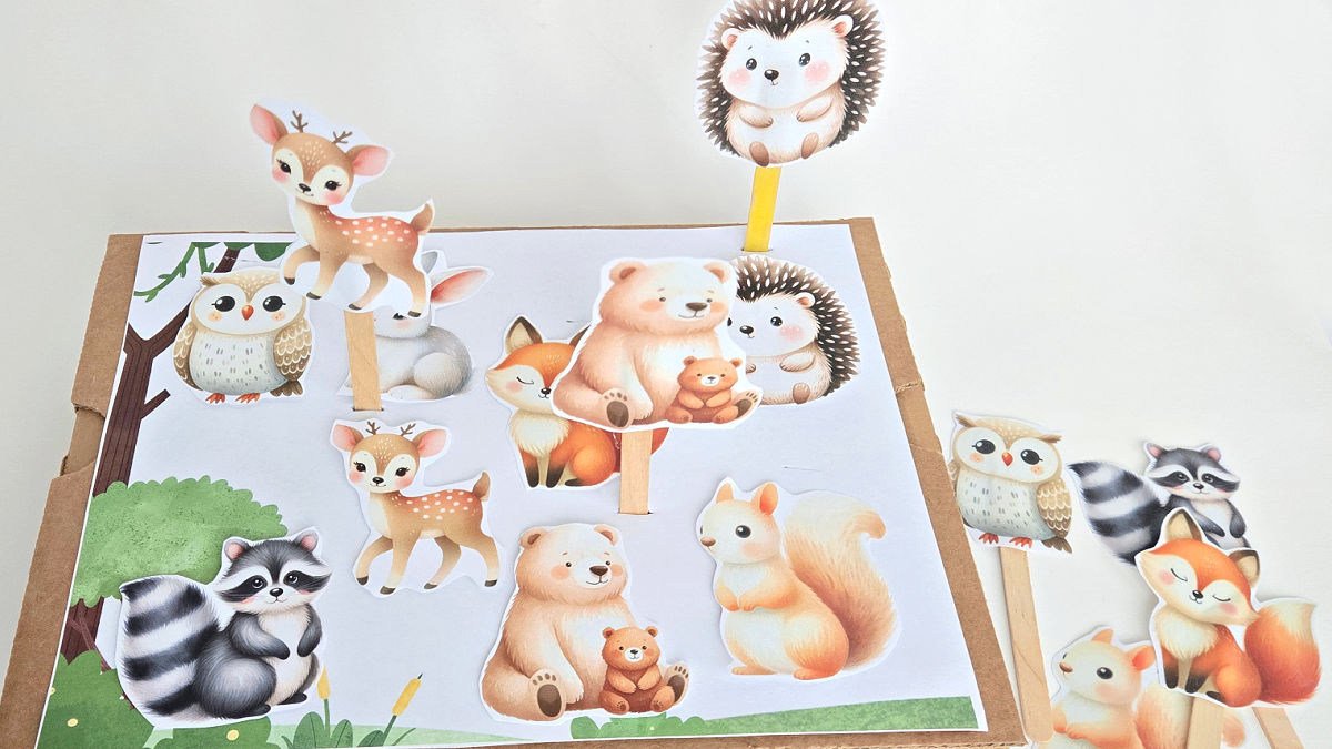 Woodland animals printables for craft stick puppets and matching activity