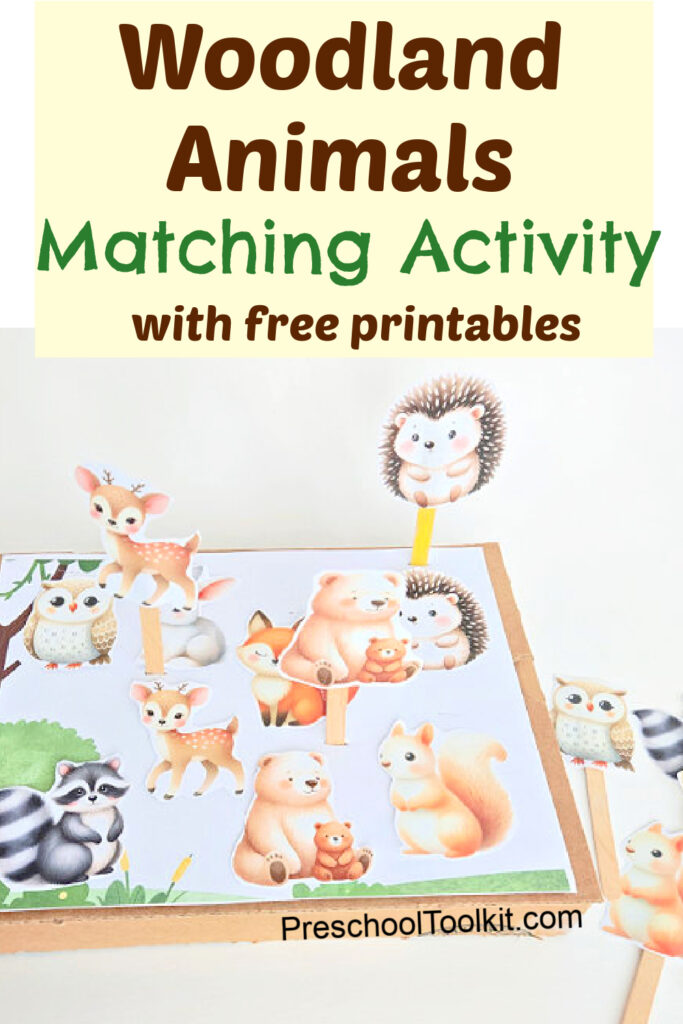 woodland animals preschool matching activity with a cardboard box and stick puppets