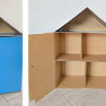 outside and inside images of homemade cardboard doll house