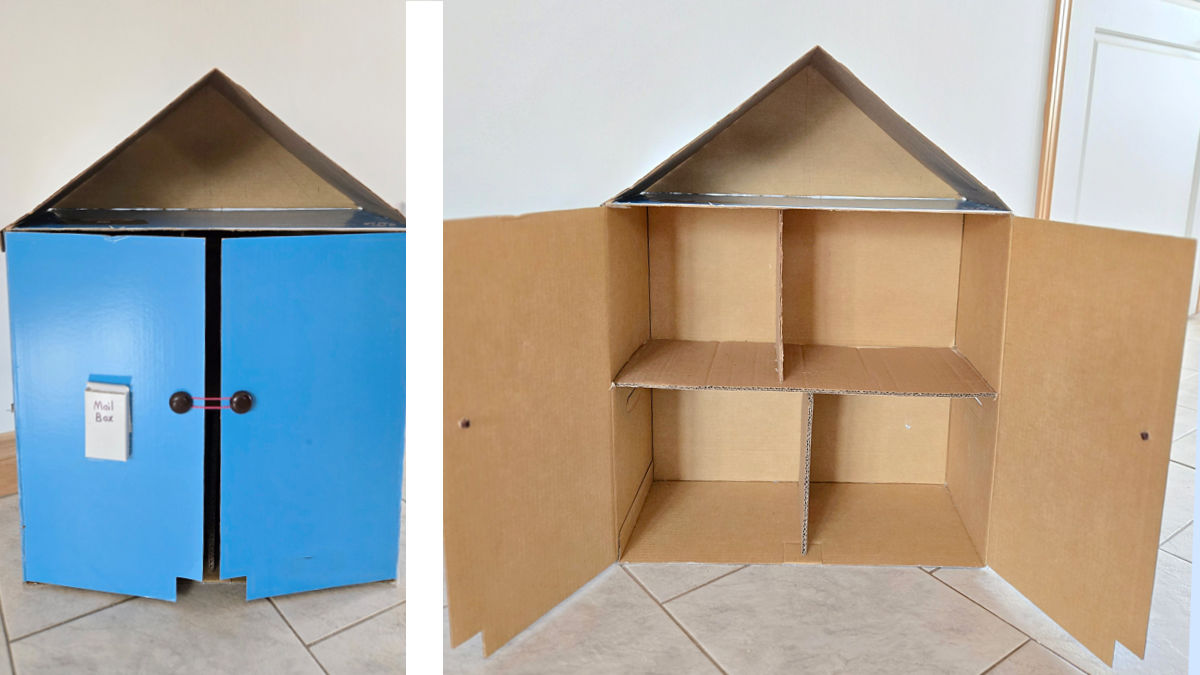outside and inside images of homemade cardboard doll house
