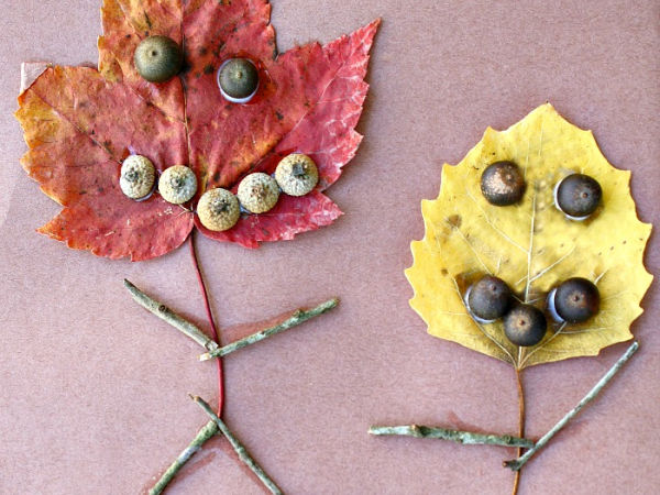 add facial accessories and twig arms and legs to leaves to make people