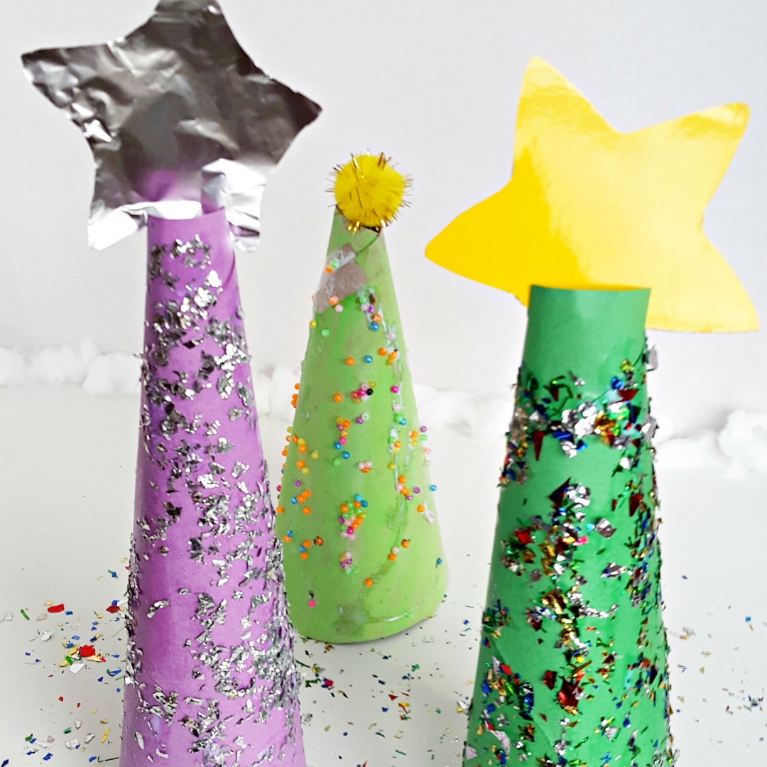 Kids Christmas tree craft with paper cones